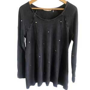 SOFT SURROUNDINGS M Black Cotton Mirror Embellished Waffle Knit‎ Tunic Top Boho